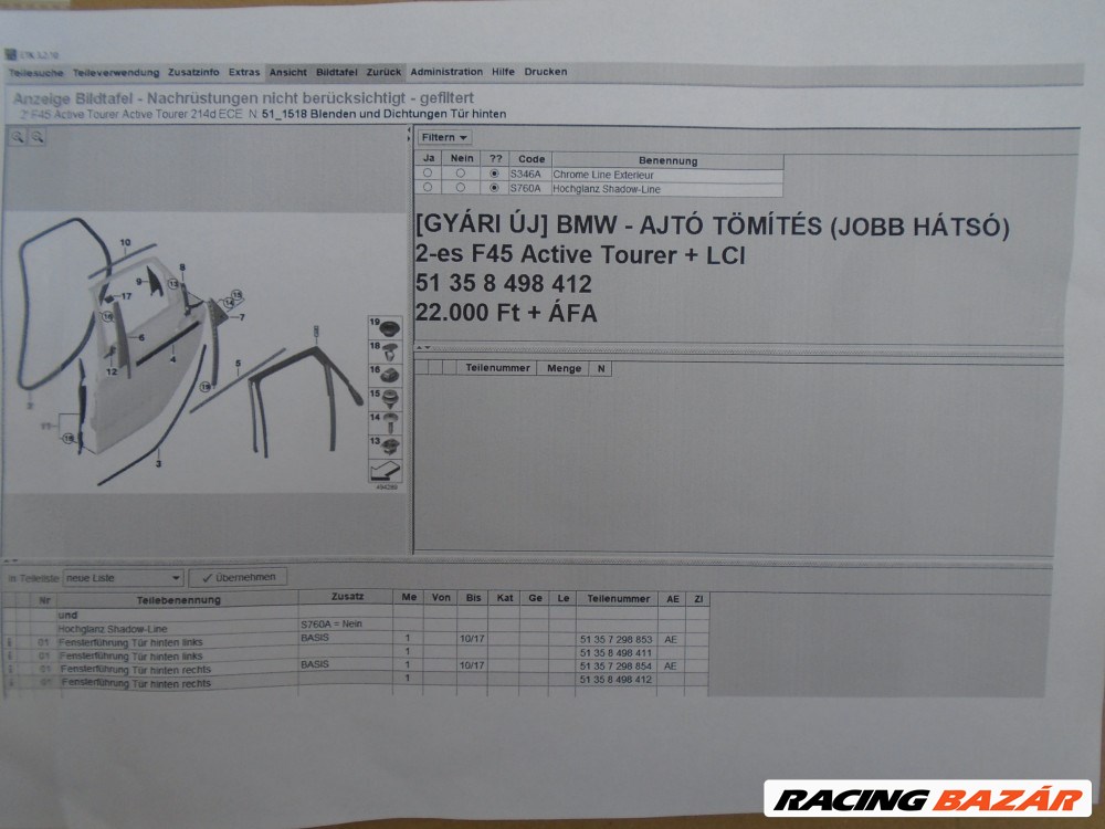 [GYÁRI ÚJ] BMW - Ajtó Tömítés JOBB HÁTSÓ - 2-es F45 ActiveTourer + LCI  3. kép